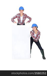 young craftswoman presenting white poster