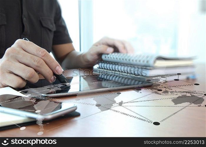 Young creative designer man working at office and social network media diagram as concept