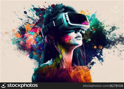 Young creative woman using innovative digital tech of virtual reality headset for fun. distinct generative AI image.. Young creative woman using innovative digital tech of virtual reality headset for fun