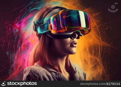 Young creative woman using innovative digital tech of virtual reality headset for fun. distinct generative AI image.. Young creative woman using innovative digital tech of virtual reality headset for fun