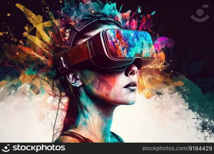 Young creative woman using innovative digital tech of virtual reality headset for fun. distinct generative AI image.. Young creative woman using innovative digital tech of virtual reality headset for fun