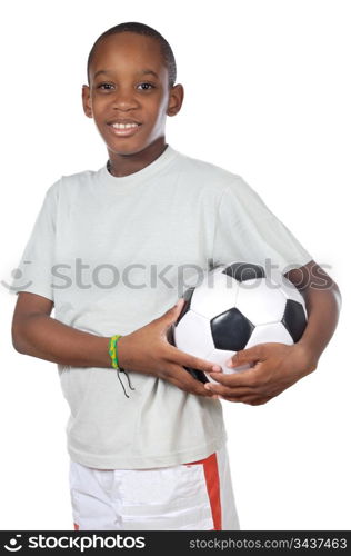 young cute boy holding a soccer ball over white background