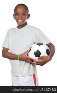 young cute boy holding a soccer ball over white background