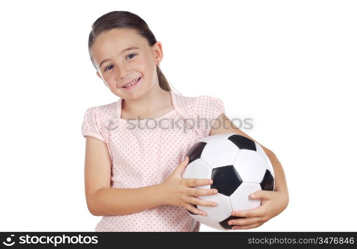 young cute girl holding a soccer ball over white background