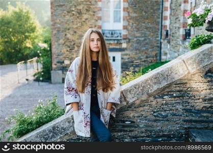 Young cute lovely woman stands against ancient beautiful city`s landmarks, wears mantel, has excursion with friends, finds out historical facts about town, looks directly at camera, serious expression