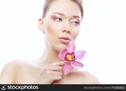 young cute with pink flower on white background