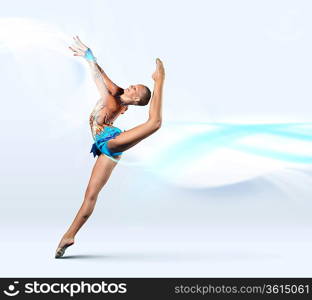 Young cute woman in gymnast suit show athletic skill on white background