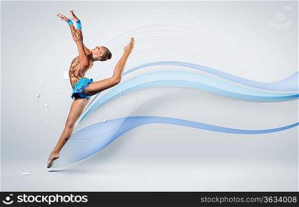 Young cute woman in gymnast suit show athletic skill on white background