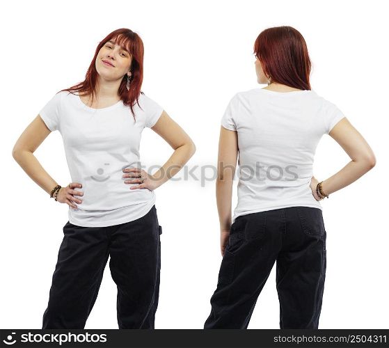 Young cute woman wearing a blank white shirt, front and back. Ready for your design or artwork.