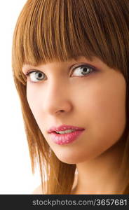 young cute woman with pink lipstick and water drops on her lips