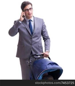 Young dad businessman with baby pram isolated on white