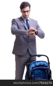 Young dad businessman with baby pram isolated on white. The young dad businessman with baby pram isolated on white