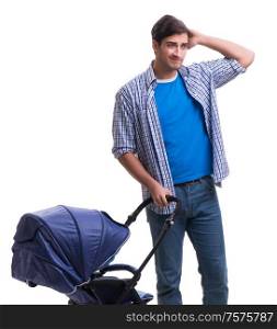 Young dad with child pram isolated on white. The young dad with child pram isolated on white