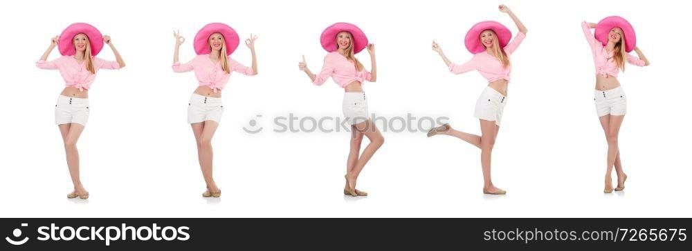 Young dancing model in panama hat isolated on white