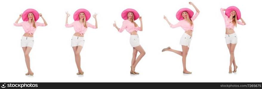 Young dancing model in panama hat isolated on white