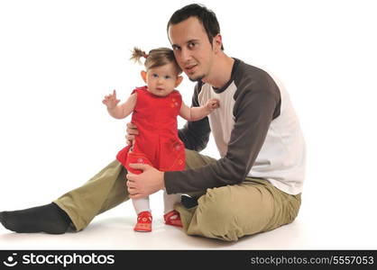 young daughter play with beautiful daughter isolated on white