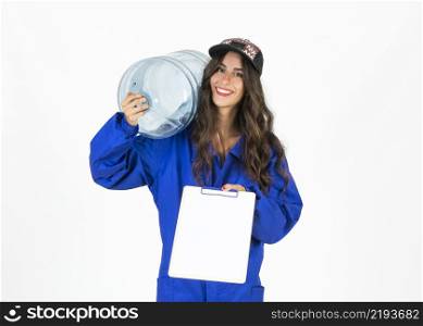 young deliverywomman with water carafe