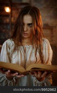 Young demonic woman holds book of spells, demons casting out. Exorcism, mystery paranormal ritual, dark religion, night horror, potions on shelf on background. Young demonic woman holds book of spells