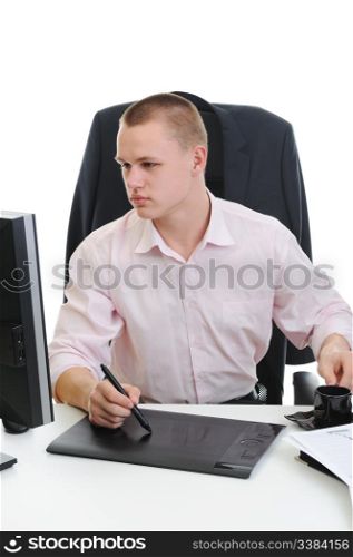 young designer does the work on your computer. Isolated on white background
