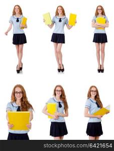 Young diligent student with textbooks isolated on white. Schoolgirl isolated on the white