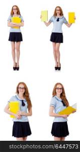 Young diligent student with textbooks isolated on white. Schoolgirl isolated on the white