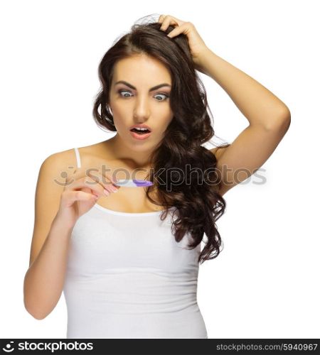 Young displeased girl with pregnancy test isolated