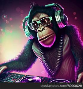 Young DJ monkey, disc jockey monkey in cool glasses and headphones listening music. Pop art style in neon colors. Generative AI. Not based on any actual scene or pattern. Cool neon party dj monkey in headphones and glasses. Generative AI. Not based on any actual scene