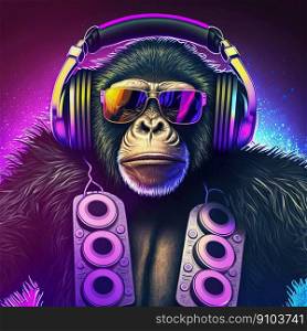 Young DJ monkey, disc jockey monkey in cool sunglasses and headphones listening music. Pop art style in neon colors. Generative AI. Not based on any actual scene. Cool neon party dj monkey in headphones and sunglasses. Generative AI. Not based on any actual scene