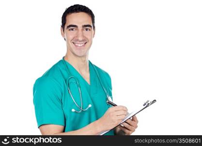 Young doctor a over white background