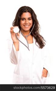 Young doctor holding stethoscope - isolated over white