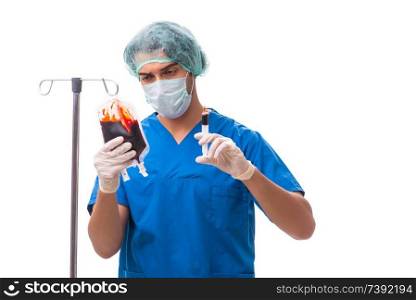Young doctor in infusion concept isolated on white 