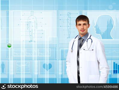 Young doctor in white uniform against technology background