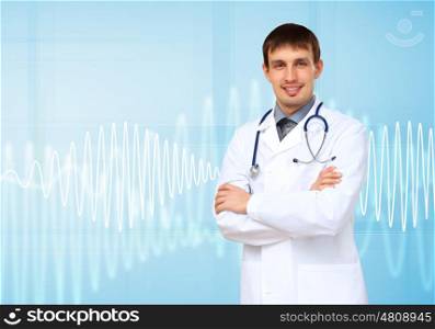 Young doctor in white uniform against technology background