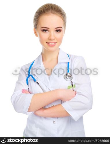 Young doctor isolated on white