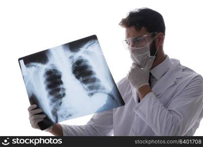 Young doctor looking at x-ray images isolated on white
