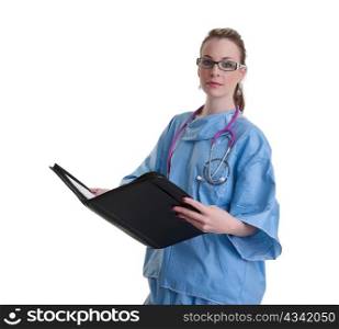 young doctor or nurse in blue scrubs isolated on white background