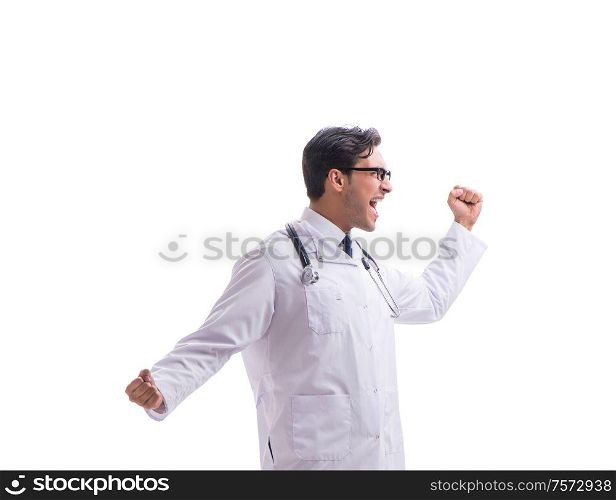 Young doctor physician standing walking isolated on white background. Young doctor physician standing walking isolated on white backgr