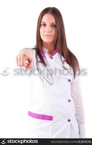 Young doctor pointing forward