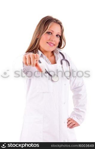 Young doctor pointing forward - isolated over white