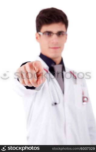 Young doctor pointing forward - selective focus on finger
