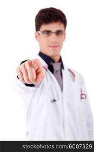 Young doctor pointing forward - selective focus on finger