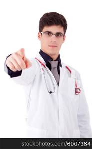 Young doctor pointing forward - selective focus on hand