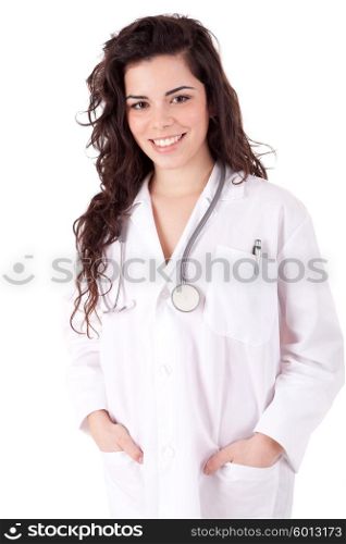 Young doctor posing, isolated over white background