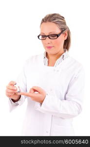 Young doctor showing how to measure glucose level in blood