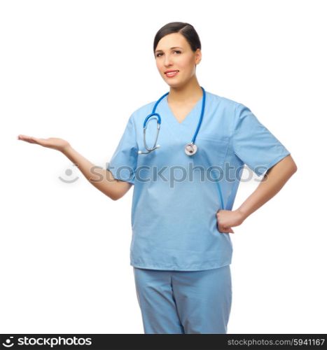 Young doctor showing welcome gesture isolated