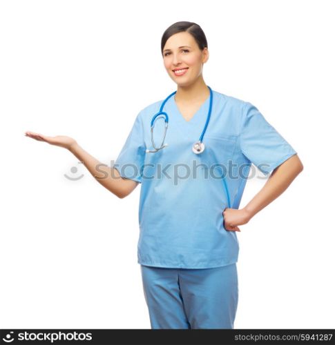 Young doctor shows welcome gesture isolated