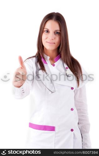 Young doctor signaling ok - isolated over white background