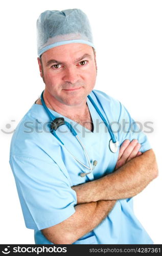 Young doctor wearing surgical scrubs and hair covering. Isolated on white.