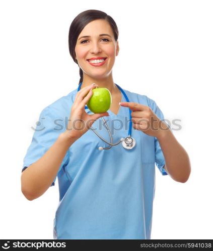 Young doctor with apple isolated