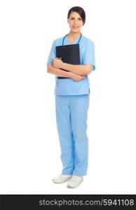 Young doctor with clipboard isolated